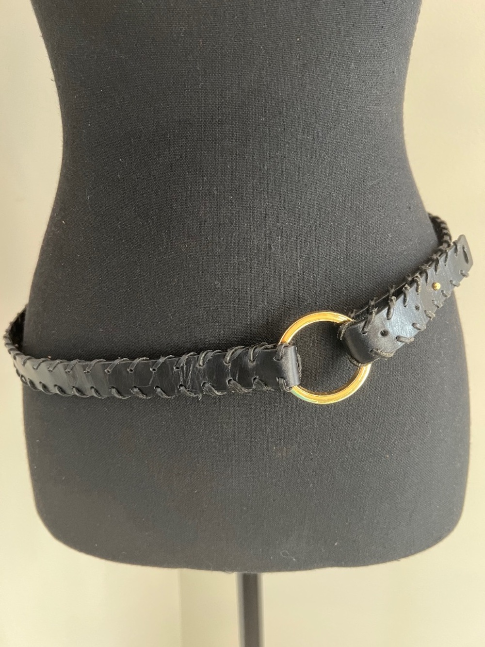 Women's Black Leather Braided Belt w/ Gold O-Ring Polished Buckle